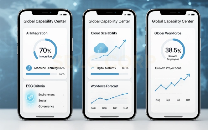 Future Outlook for Global Capability Centers Futuristic AI-powered GCC analytics dashboard showing predictive trends, automation, and innovation growth.