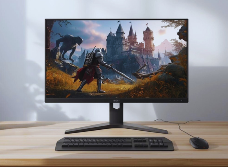 Desktop computer displaying a fantasy video game scene with a knight facing a castle, placed on a wooden desk with a keyboard and mouse.
