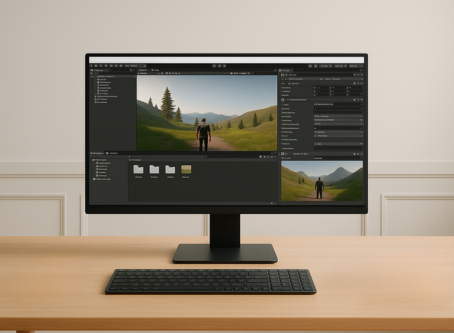 Computer monitor displaying a 3D game development environment with a character in a grassy landscape, keyboard placed neatly on a wooden desk.