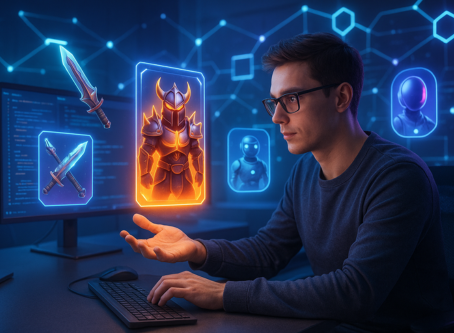 Game developer working at a computer with floating holographic icons of weapons and armor, representing digital game asset design.