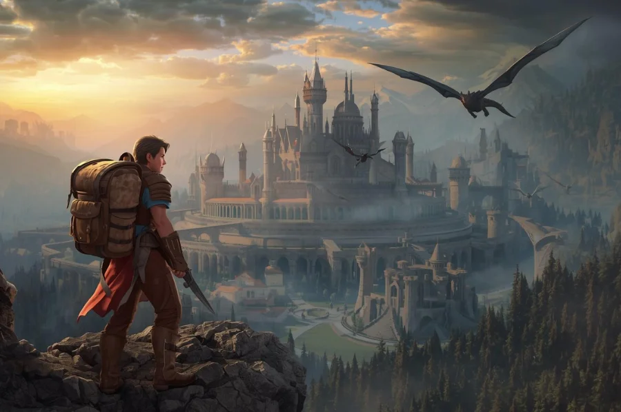 Fantasy adventurer standing on a cliff overlooking a grand medieval castle with dragons flying above the valley at sunset.