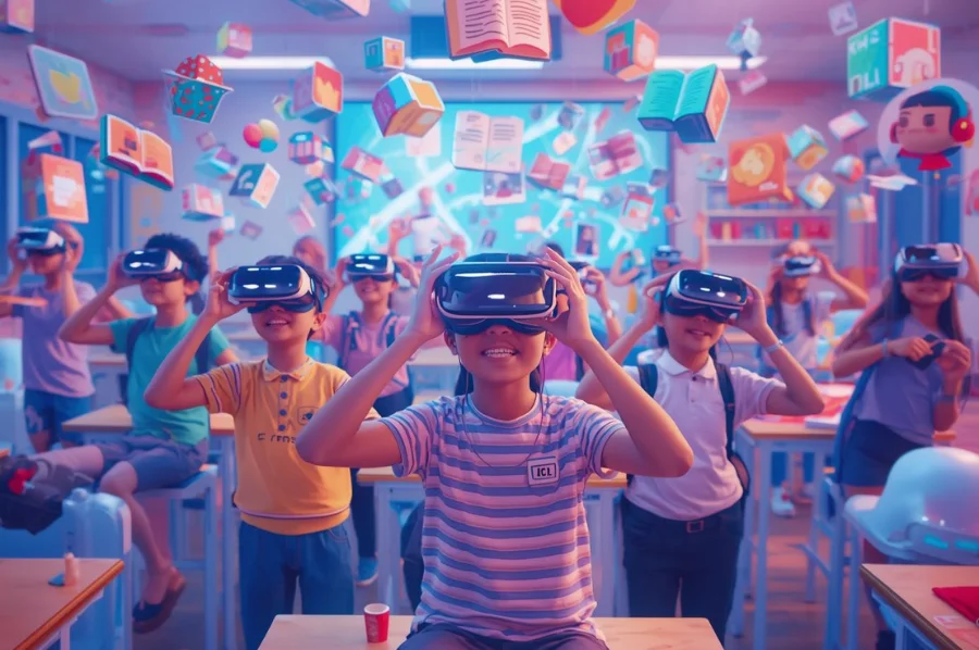 Children in a classroom using VR headsets surrounded by floating 3D educational graphics and books in a colorful environment.