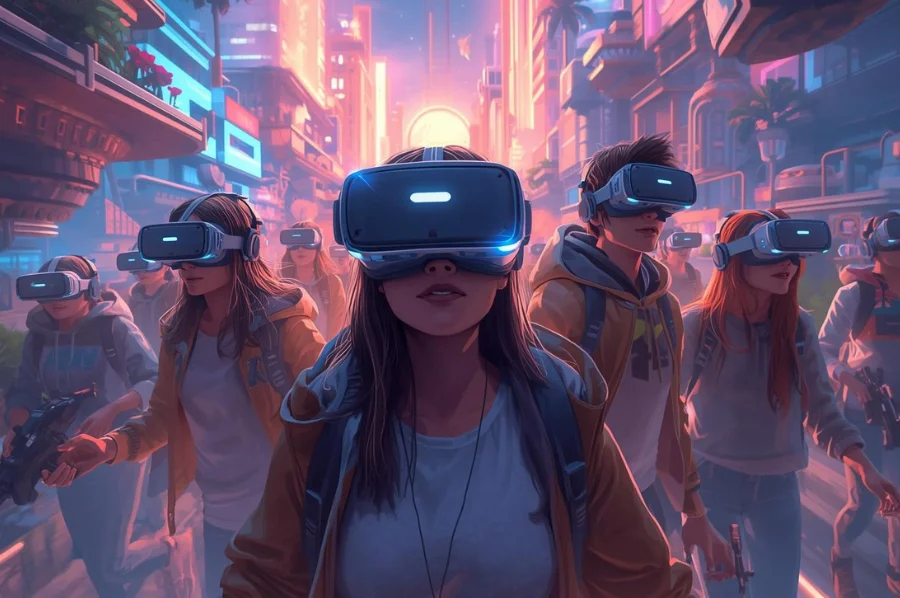 Group of young people wearing VR headsets walking through a neon-lit futuristic city, immersed in virtual reality gameplay.