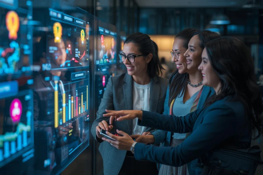 Team of professionals analyzing data on a large interactive digital display showing charts and analytics in a modern office.