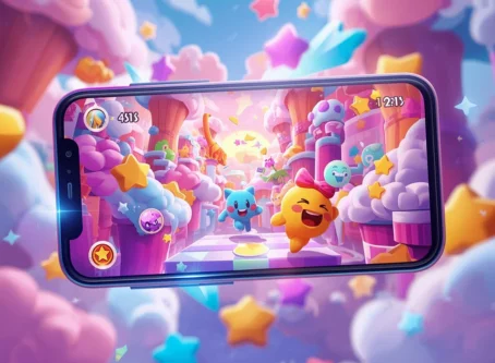 Smartphone displaying a colorful mobile game with cute animated characters running through a candy-themed world filled with stars and clouds.