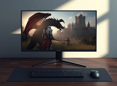 Desktop gaming setup showing a monitor with a fantasy game scene of a knight facing a dragon near a castle, on a wooden desk with keyboard and mouse.