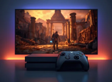 Console gaming setup with a controller and console in front of a large screen displaying an adventurer exploring ancient ruins under dramatic lighting.