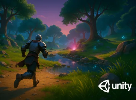 3D game environment built in Unity showing a knight running through a lush forest with glowing lights along a stream at sunset.