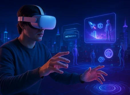 Person wearing a VR headset interacting with holographic 3D avatars and futuristic interface elements labeled ‘Metaverse’ in a neon-lit city setting.