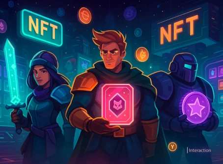 Futuristic illustration of three armored characters holding glowing NFT tokens in a digital world themed around blockchain gaming.