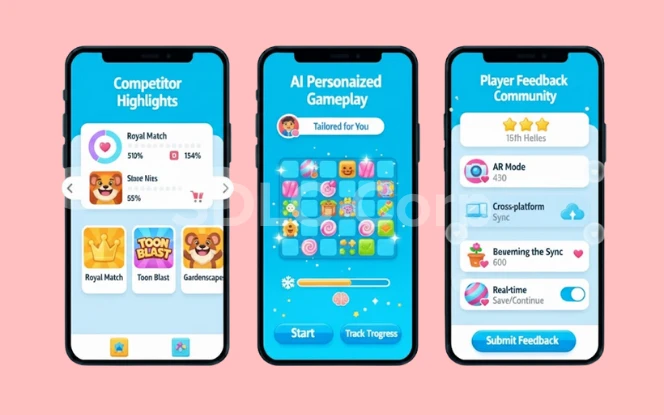Mobile game screens comparing competitor highlights, AI-personalized gameplay, and player feedback community for a Candy Crush–style puzzle game.