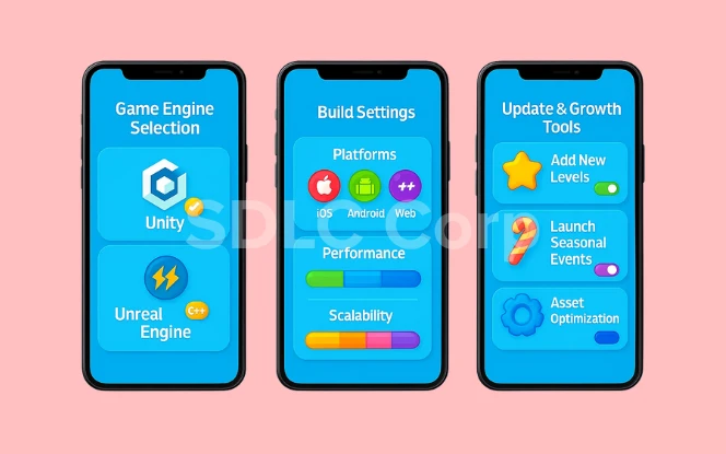 Three smartphone screens showing game development setup with Unity and Unreal Engine, platform build settings, and update and growth tools for a mobile puzzle game.