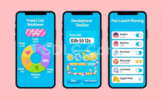 Infographic of project cost breakdown, development timeline, and post-launch planning for creating a Candy Crush–style mobile game.