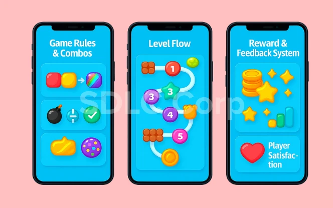 Colorful screens showing game rules, level flow, and reward feedback system design for a match-three mobile puzzle game.