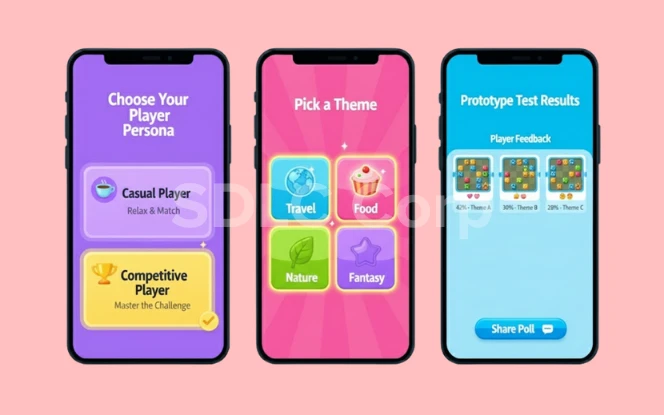 Screens illustrating player persona selection, theme picking, and prototype test results for Candy Crush–inspired game concept development.