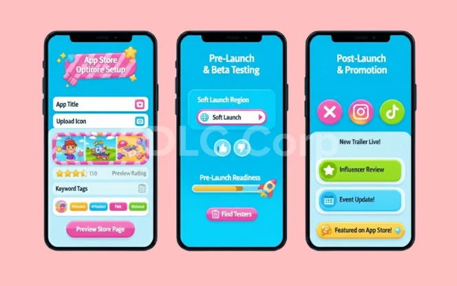 UI and UX design settings showing color palettes, in-game visuals, and audio feedback settings for a Candy Crush–like puzzle game.