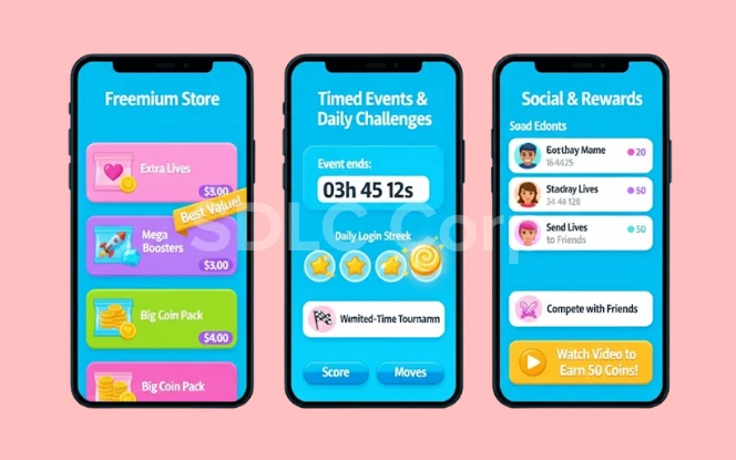 Three mobile screens depicting freemium store, timed daily challenges, and social rewards system for player retention and monetization in a puzzle game.