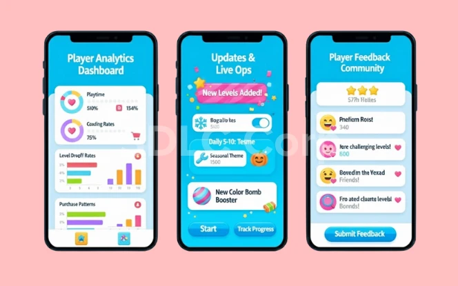 Analytics dashboard, live operations updates, and player feedback community screens for ongoing Candy Crush–style game management.
