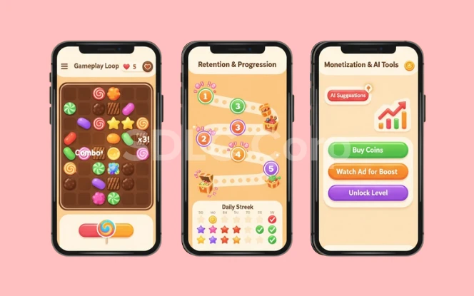 Mobile game screens comparing competitor highlights, AI-personalized gameplay, and player feedback community for a Candy Crush–style puzzle game.