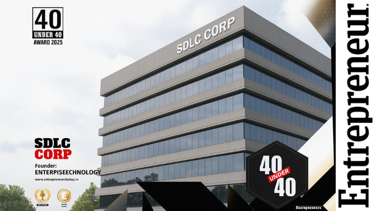 SDLC Corp headquarters building with 40 Under 40 Award 2025 banner, representing innovation in Enterprise Technology.