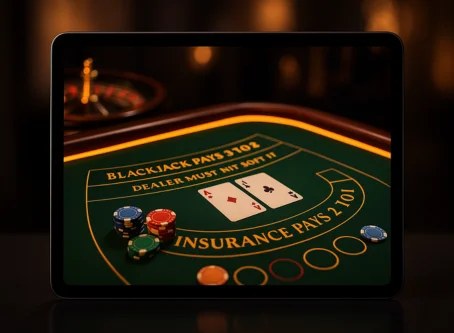 Tablet screen showing a blackjack table with playing cards, poker chips, and the text ‘Blackjack pays 3 to 2’ in a dimly lit casino setting.