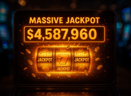Digital slot machine display showing a massive jackpot of $4,587,960 with glowing golden visuals and spinning reels.
