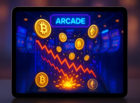 Tablet screen displaying falling Bitcoin and Ethereum symbols over a declining graph in a neon-lit arcade environment.
