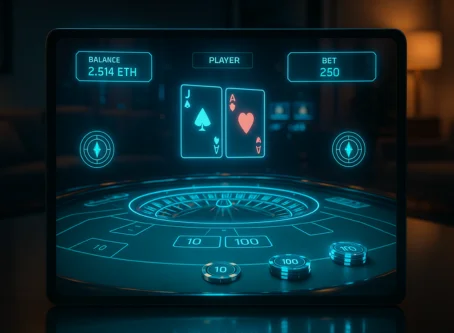 Futuristic digital blackjack interface showing player cards, bet amount, and cryptocurrency balance in Ethereum.