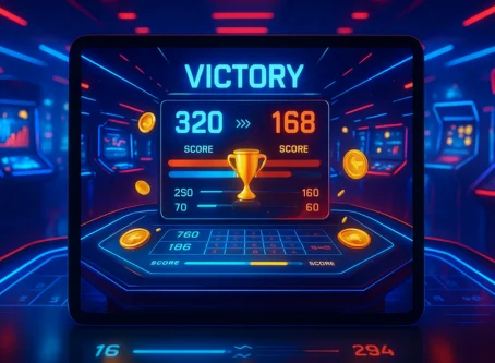 Neon-style arcade game interface showing a victory screen with scores, trophy, and glowing coins.
