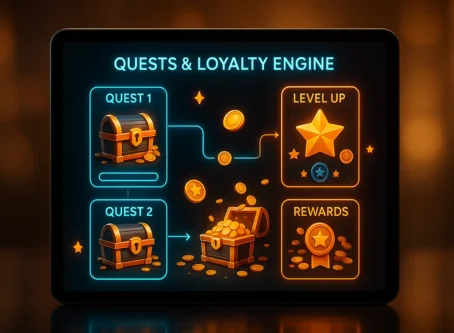 Tablet screen showing a gamified loyalty system with quests, treasure chests, level-up stars, and reward icons.