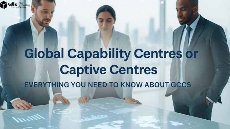 Modern workspace with professionals collaborating around digital dashboards and world map representing global capability centres.