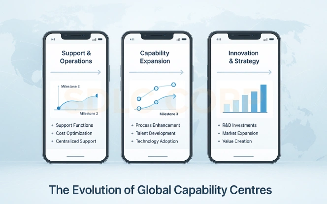 The Evolution of Global Capability Centres Timeline dashboard showing the evolution of global capability centres from support to innovation.