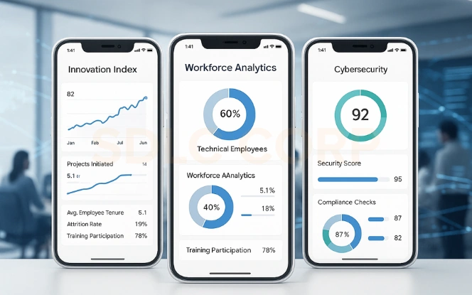 Key Benefits of a Global Capability Centre GCC benefits dashboard showing innovation index, workforce analytics, and cybersecurity scorecards.