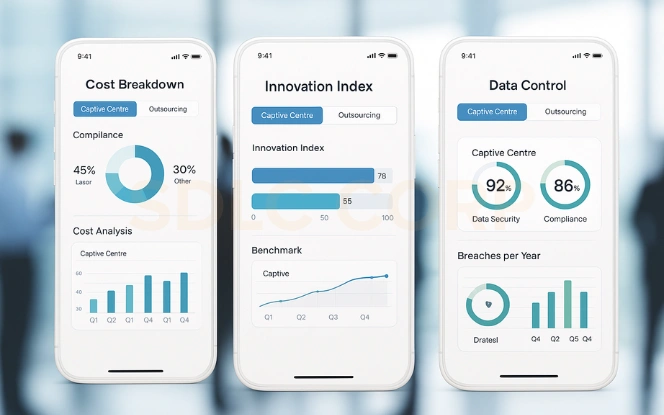 How GCCs Drive Digital Transformation Digital transformation dashboards visualising cloud modernisation, automation ROI, and data efficiency.