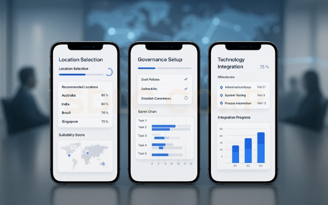 Building a GCC: Implementation Framework Implementation dashboards showing GCC setup stages with governance, location selection, and integration timelines.