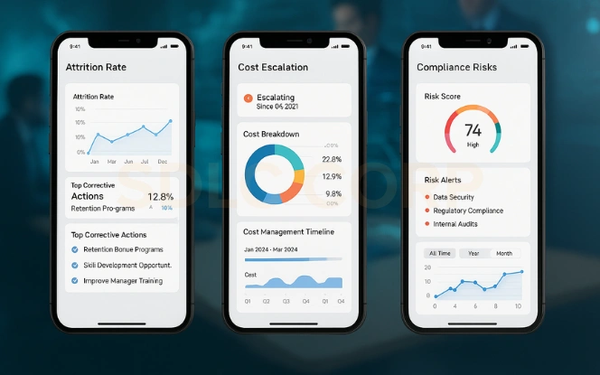 Challenges in Managing GCCs Management dashboard tracking attrition rate, cost escalation, and compliance risks in GCC operations.