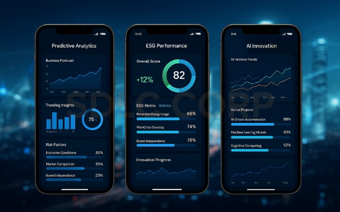 The Future of Global Capability Centres Futuristic AI dashboards visualising predictive analytics, ESG performance, and innovation tracking for GCCs.