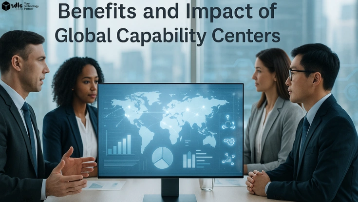 Professionals collaborating in a modern Global Capability Center with holographic data visuals representing innovation, efficiency, and global connectivity.