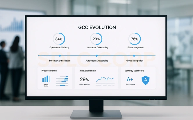 GCC Evolution: From Consolidation to Global Integration GCC evolution dashboard showing consolidation, automation onboarding, and global integration milestones.