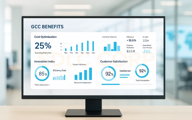 GCC Benefits: Cost, Innovation, Talent, CX GCC benefits dashboard with metrics for cost optimization, innovation index, talent utilization, and customer satisfaction.
