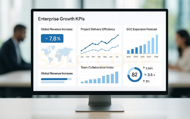 Enterprise Growth KPIs Driven by GCCs Business intelligence view with global revenue, project delivery efficiency, and team collaboration index.