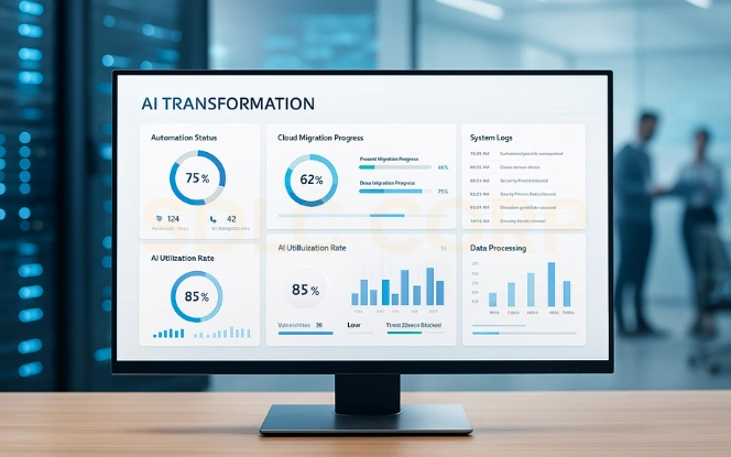 Technology Stack: AI, Cloud, Automation, Security AI transformation dashboard showing automation status, cloud migration progress, AI utilization rate, and cybersecurity health.