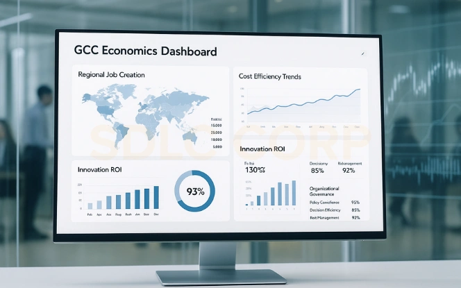 Economic & Organizational Impact of GCCs Economics dashboard with regional job creation, cost efficiency trends, innovation ROI, and governance metrics.