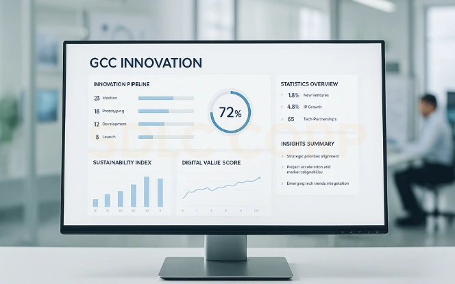 Long-Term Value: Innovation, R&D, Sustainability Innovation dashboard highlighting R&D performance, innovation pipeline, sustainability index, and digital value score.