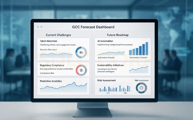GCC Forecast: Challenges vs Future Roadmap Forecast dashboard comparing current challenges with a future roadmap for AI automation, sustainability, and hybrid work.