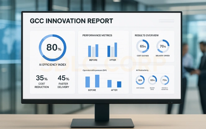 Case Study: GCC Innovation Report KPIs Case study dashboard with KPIs such as 35% cost reduction, 45% faster delivery, and AI efficiency index.