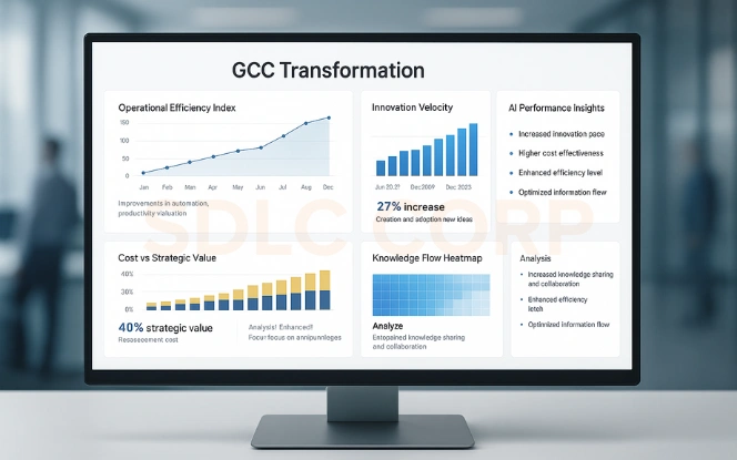 GCC Transformation Dashboard – From Support to Strategy Professional GCC transformation dashboard showing evolution from support to strategy.