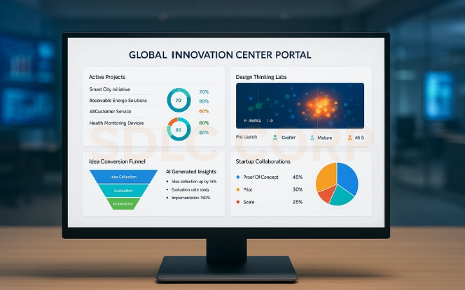 Innovation Hub Dashboard for GCC Collaboration and Design Innovation hub GCC dashboard highlighting collaboration and idea management.