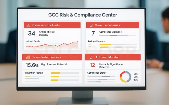 GCC Risk and Compliance Analytics Dashboard GCC risk management dashboard displaying cybersecurity and governance alerts.