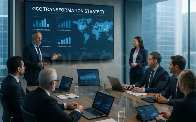 Executives presenting a GCC transformation strategy roadmap showing automation framework, process innovation, and scalable workforce metrics.
